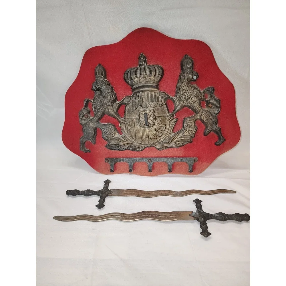Vintage 1970s Medieval Coat of Arms Wall Plaque w/ Swords Coat Rack Heraldic 18